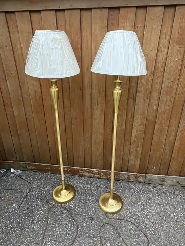 Free delivery used Pair of Brass Floor Lamps with Cream Shades