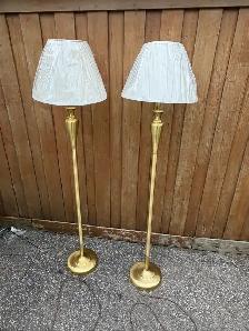 Free delivery used Pair of Brass Floor Lamps with Cream Shades - Photo 2