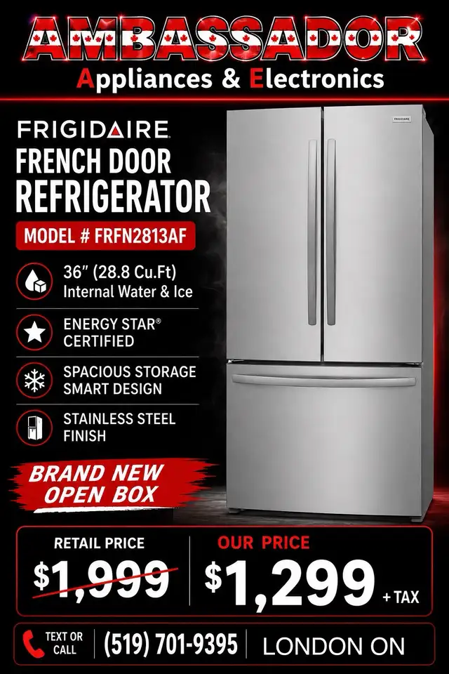 NEW 36" Frigidaire Interior Water & Ice Fridge (28.8 Cu.Ft)