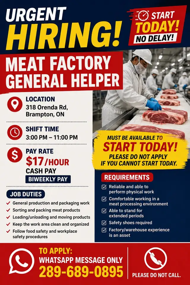 URGENT HIRING – Meat Factory General Helper