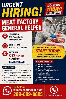 URGENT HIRING – Meat Factory General Helper