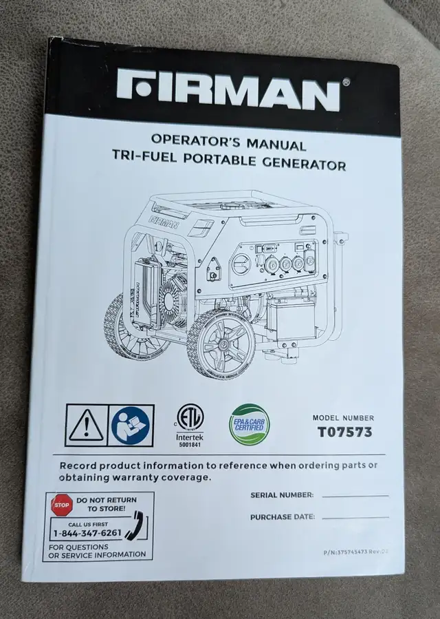 Firman Tri-Fuel Portable Generator Model Number T07573