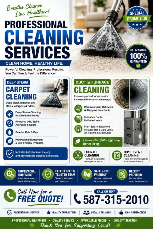 Professional Steam Carpet, Furnace & Air Duct Cleaning Special –