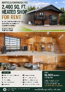60 x 40 HEATED SHOP FOR RENT – MAYFIELD/CAVENDISH, PEI