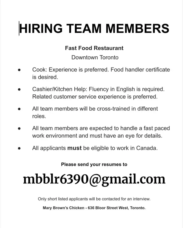 Job vacancy International Fast Food Restaurant Downtown Toronto