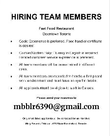 Job vacancy International Fast Food Restaurant Downtown Toronto