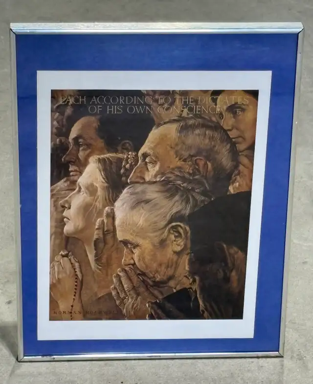Framed Reproduction Print Of "Freedom of Worship" (N. Rockwell)