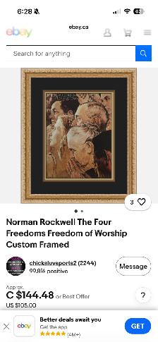 Framed Reproduction Print Of "Freedom of Worship" (N. Rockwell) - Photo 5