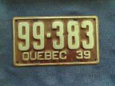 QUEBEC LICENCE PLATE 39 / Plaque du Québec 1939 -  125 $