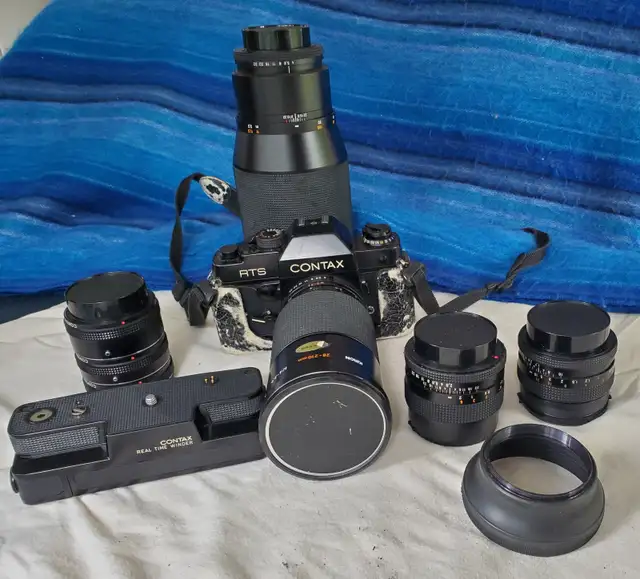 Contax RTS camera, lenses, and film winder