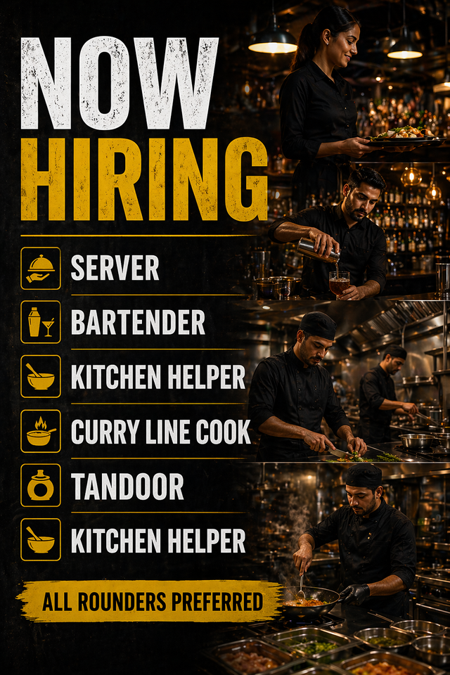 URGENT HIRING SERVER BARTENDER FOR INDIAN RESTO BAR AND LOUNGE