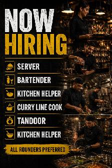 URGENT HIRING SERVER BARTENDER FOR INDIAN RESTO BAR AND LOUNGE