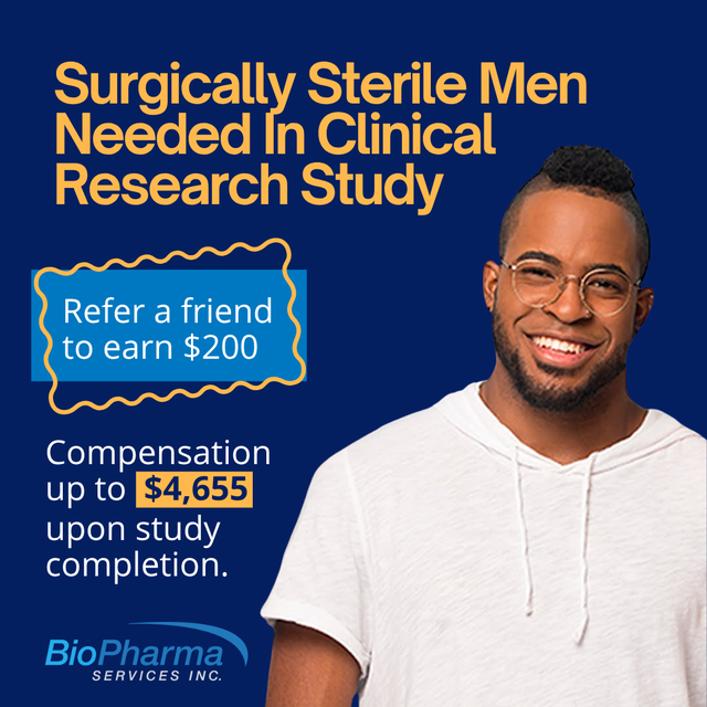 Surgically Sterile Men Needed for Paid Clinical Research Study