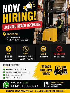NOW HIRING – LICENSED REACH TRUCK OPERATOR