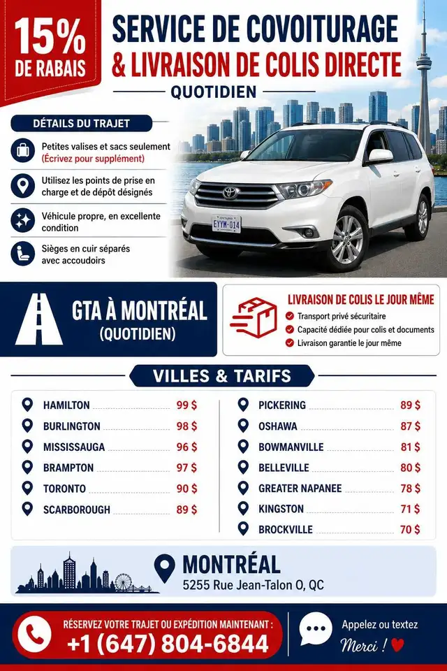 GTA → MONTRÉAL : COVOITURAGE QUOTIDIEN & COLIS | 15 % DE RABAIS