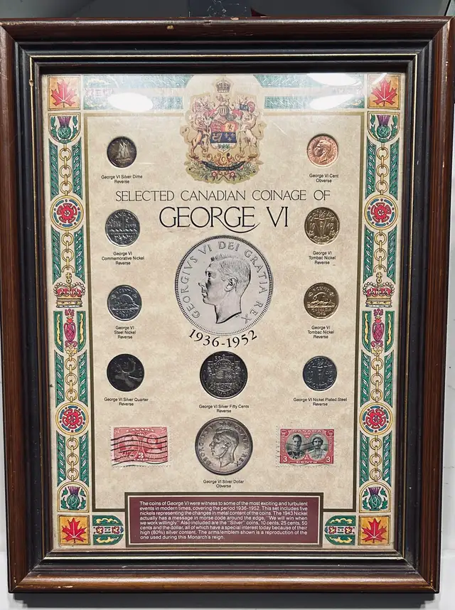 CANADA SILVER COIN COLLECTION KING GEORGE VI 1936-1952 FRAMED W/