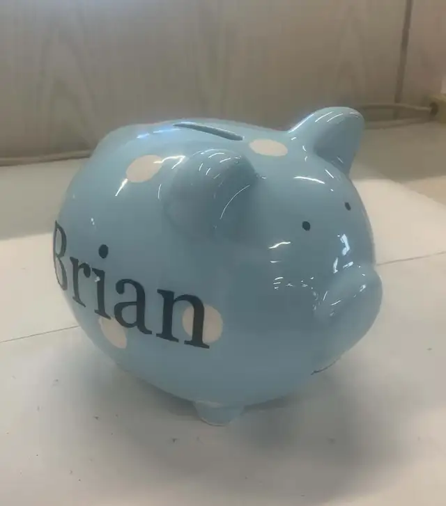 Blue Piggy Bank with White Polka Dots Pearhead Brand Large Ceram