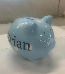 Blue Piggy Bank with White Polka Dots Pearhead Brand Large Ceram