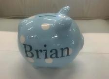Blue Piggy Bank with White Polka Dots Pearhead Brand Large Ceram - Photo 3