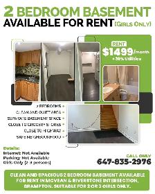 2 Bedroom Basement Available for Rent – Girls Only