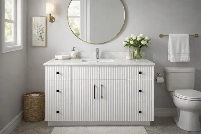48" brand new solid wood fluted vanity with quartz top