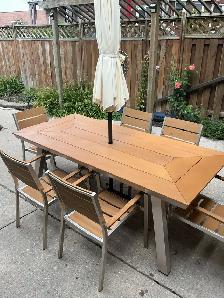 Outdoor patio table, chairs, umbrella and base