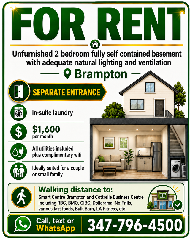 2 bedroom unfurnished basement for rent