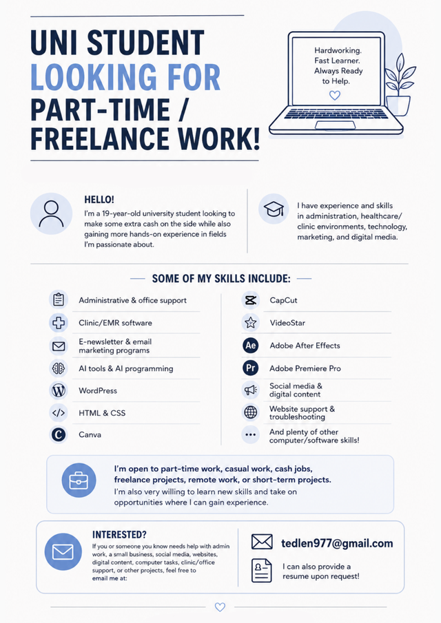 University Student Available for Part-Time, Casual & Freelance