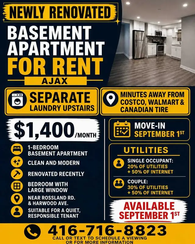 NEWLY RENOVATED BASEMENT APARTMENT FOR RENT AJAX
