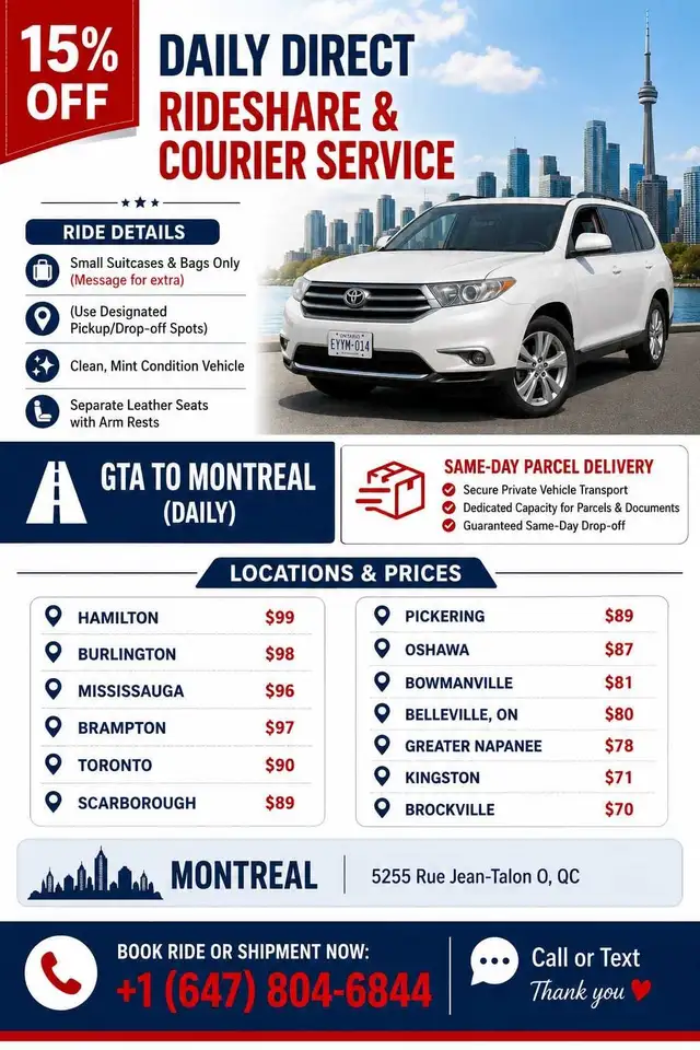 GTA → MONTRÉAL: COVOITURAGE QUOTIDIEN & COLIS | 15 % DE RABAIS