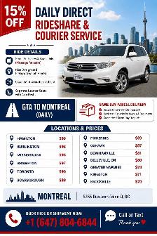 GTA → MONTRÉAL: COVOITURAGE QUOTIDIEN & COLIS | 15 % DE RABAIS