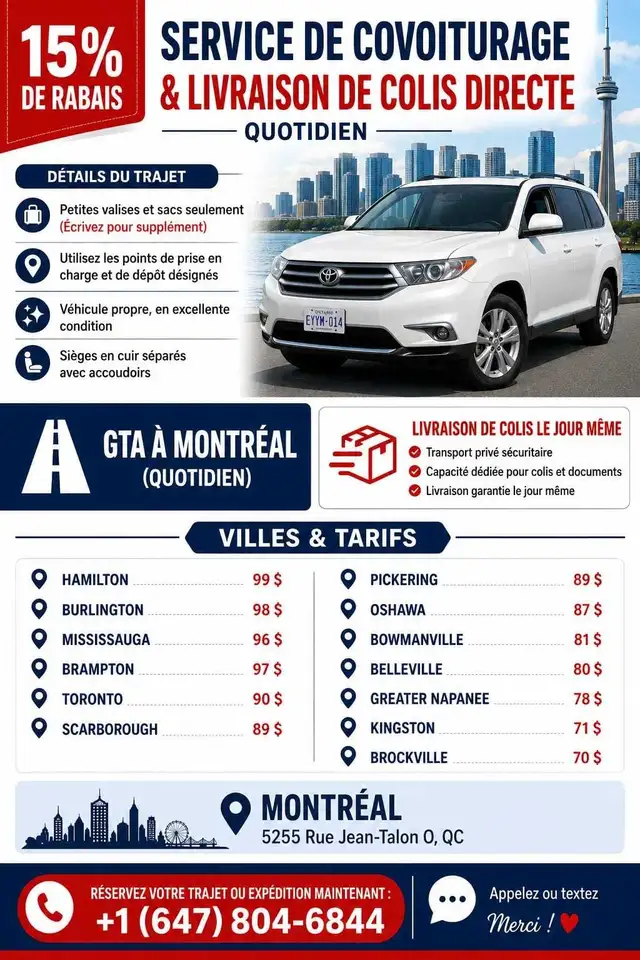 GTA → MONTRÉAL: COVOITURAGE QUOTIDIEN & COLIS | 15 % DE RABAIS