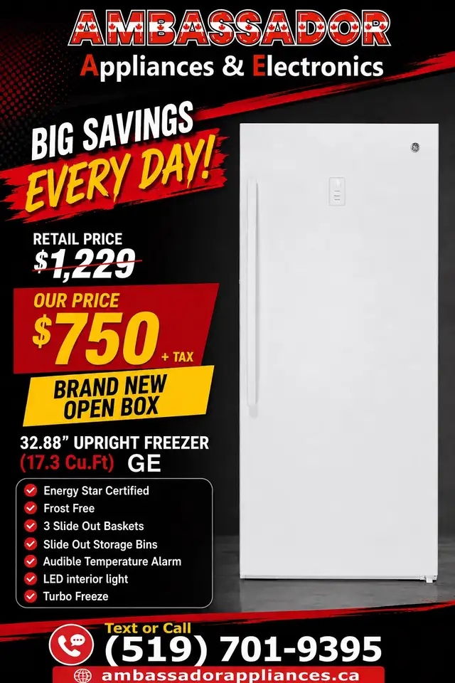 NEW 32.88" GE Upright Freezer  (17.3 Cu.Ft)