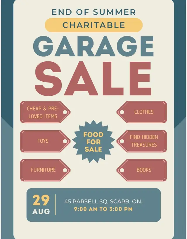 Garage Sale Sat Aug 29, 45 Parsell Square, Scarborough