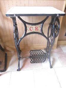 C.R.CHARLES RAYMOND SEWING MACHINE BASE PORCELAIN TOP TABLE