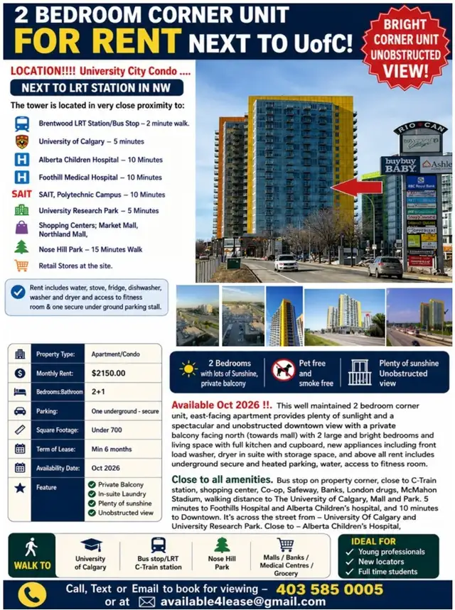 Walk2University,LRT Stn,Bus,Mall,Park,Close2SAIT,Downtown Corner