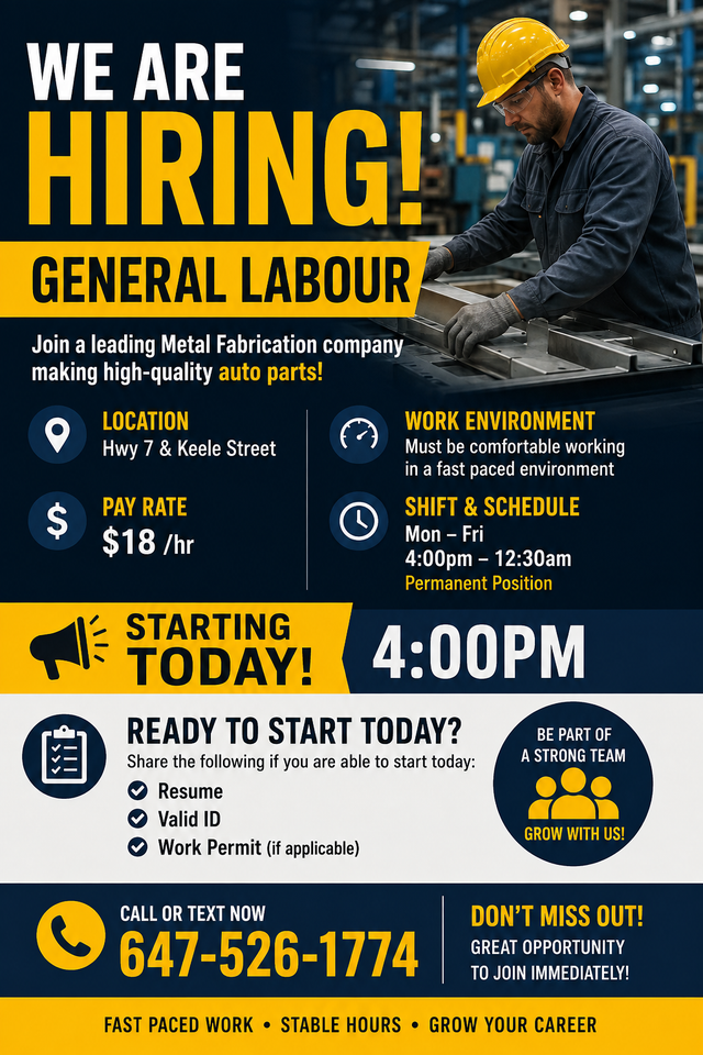 Hiring! Metal Fabricators (General Labour) In car part company