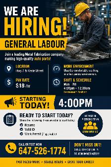 Hiring! Metal Fabricators (General Labour) In car part company