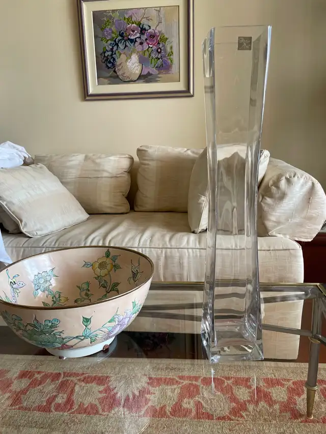 Beautiful  TALL Unique CONCAVED Square Clear Glass Vase,