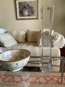 Beautiful  TALL Unique CONCAVED Square Clear Glass Vase,