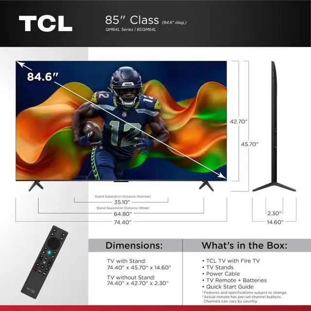 New TCL 85' QM64L 4K QD-Mini LED 144Hz Fire TV