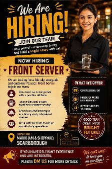Hiring: Front Servers for a restaurant