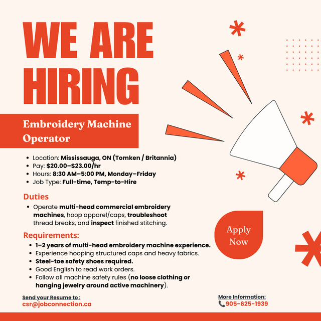 HIRING: Embroidery Machine Operator