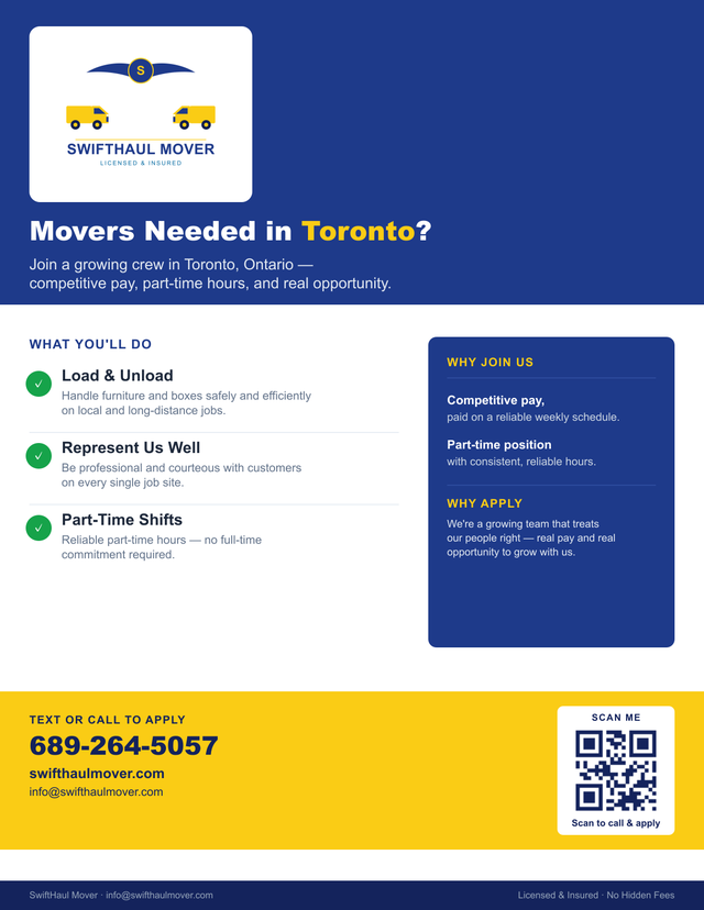 Movers Wanted in Toronto - SwiftHaul Mover