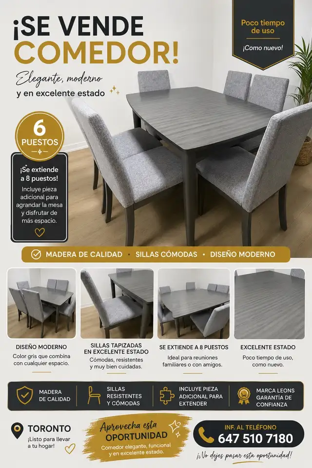 Leon’s Gray Dining Set – 6 Chairs, Extendable to 8