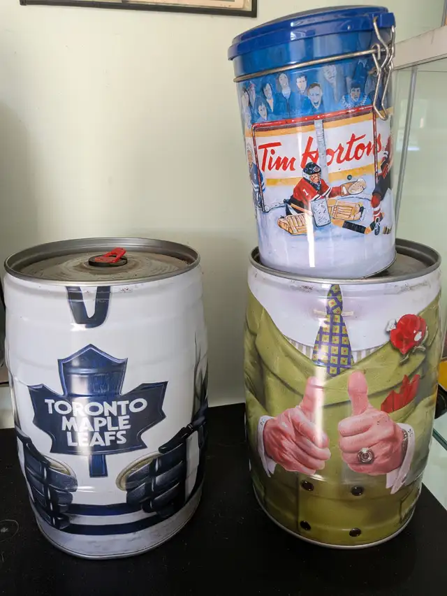 2 empty beer kegs Maple Leafs, D.Cherry,   Tim Horton coffe tin