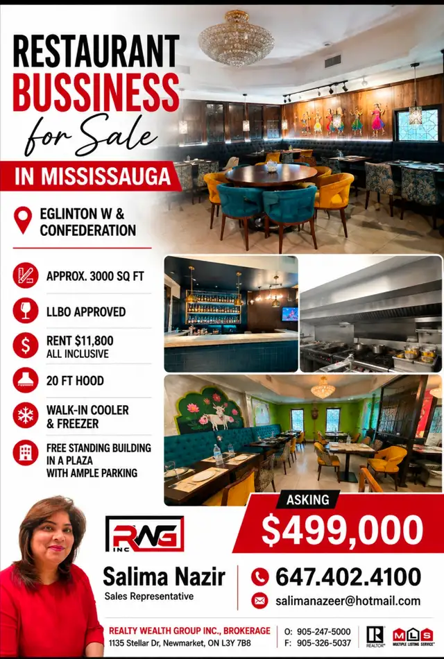 Restaurant bussiness for sale in Mississauga 3000 sqft