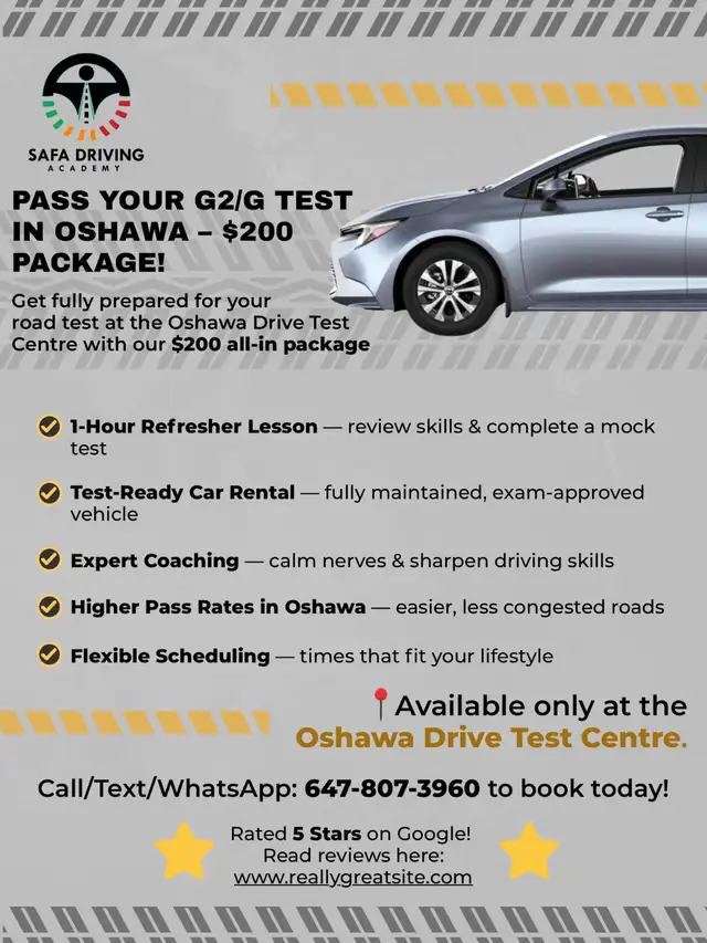 $200 G2/G Road Test Package – Car   1-Hour Lesson (Oshawa)