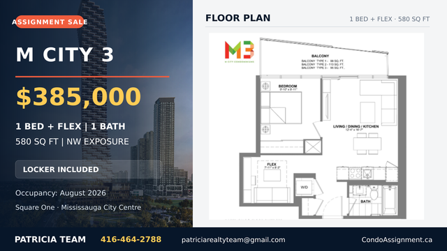 M City 3 | 1Bed plus 1den 1Bath | 580sqft | $385K