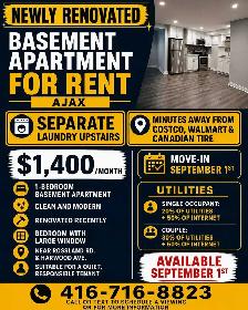 NEWLY RENOVATED BASEMENT APARTMENT FOR RENT AJAX